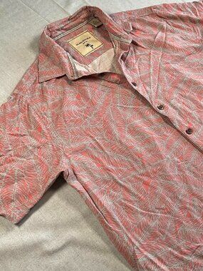 Mens Island Republic Pink Short Sleeve 100% Silk Palm Print Hawiian Shirt (XL)